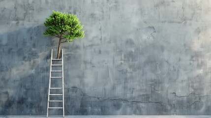 Ladder Leaning Against Wall With Tree Growing