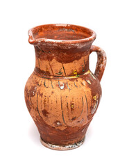 Old clay rural jug on whtie background
