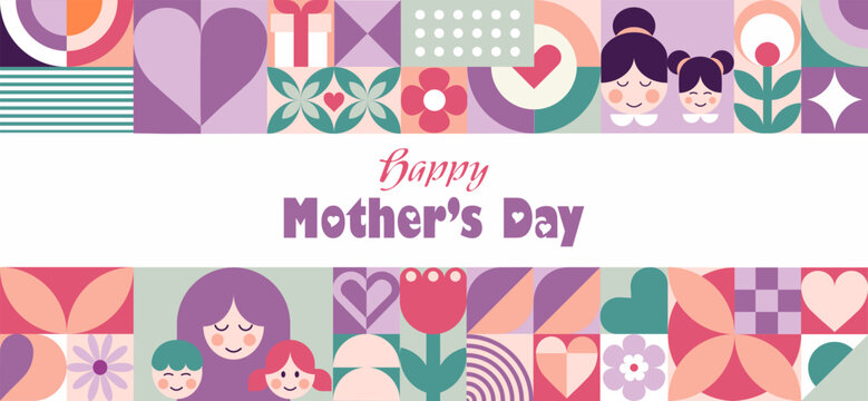 Mother's day abstract geometric mosaic  background  with mom and kids, flowers, hearts, simple forms and text.  Modern vector horizontal llustration for banner, social media. Swiss style. Neo geo art.