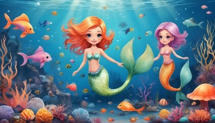 Fototapeta na wymiar Whimsical Underwater World With Playful Mermaids