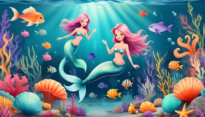 Fototapeta na wymiar Whimsical Underwater World With Playful Mermaids2