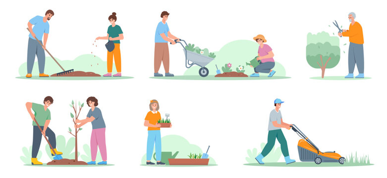 Set of gardening scenes. People plant flowers and trees, mowing grass, trimming bushes. Improve environment, Gardening concept. Flat vector illustration on white background.