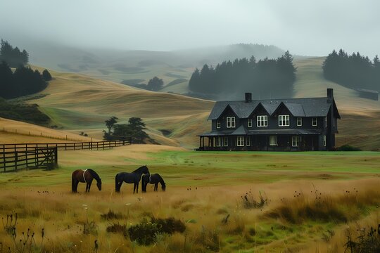 A craftsman house with a dark exterior, nestled in a picturesque countryside with rolling hills and grazing horses.
