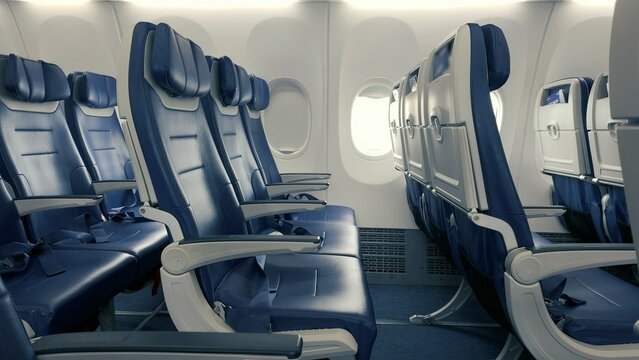 An interior establishing shot of the seats of an empty passenger airplane.	
