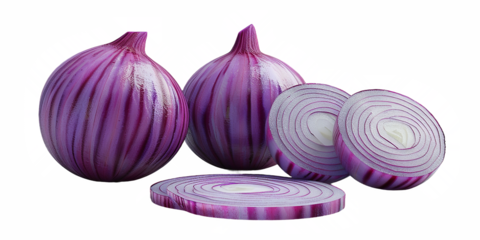 A close up of a purple onion with a white stem

