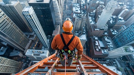 Man Standing Atop Tall Building. Generative AI