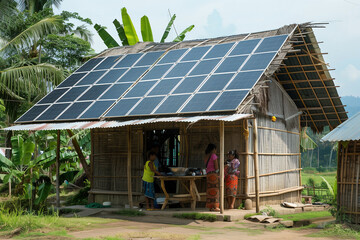 solar energy panels on rural house from above or with solar panels on roof and sustainable and renewable energy.