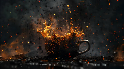 A dramatic coffee splash from a dark cup set against a dark backdrop, capturing the energetic spirit of coffee enjoyment.
