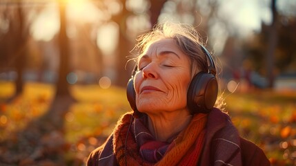 Woman Listening to Headphones in Park. Generative AI