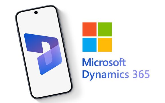 Dynamics 365 Logo is displayed on a smartphone, white underground with Dynamics 365 lettering and Microsoft logo next to it, enterprise resource planning (ERP), customer relations management