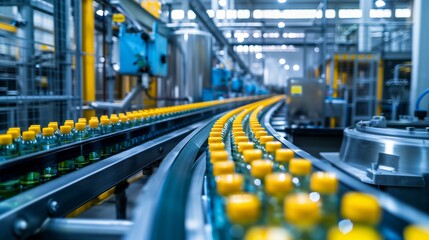 Factory Bottling Line Filled With Liquid