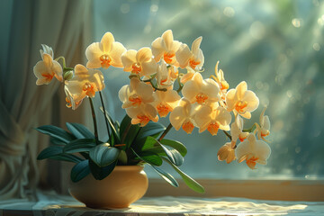 A cluster of exotic orchids adorns a sun-dappled windowsill, their intricate blooms a testament to nature's artistry. Concept of rare elegance and botanical fascination. Generative Ai.