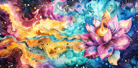 Fototapeta na wymiar Watercolor Illustration of a Lotus On Beautiful Fantasy Colorful Background. aura of energy surreal fantasy light flashing beautiful light spectrum bright