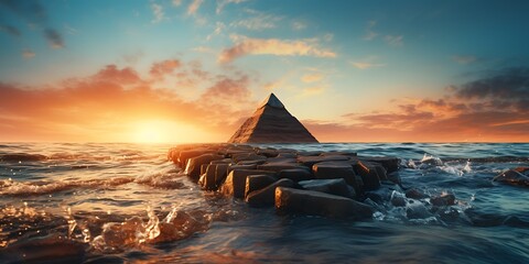 pyramid in the sea at sunset. 3d render illustration. - obrazy, fototapety, plakaty