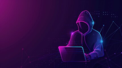 silhouette of hacker in hoodie using laptop