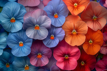 A profusion of delicate pansies blooms in a riot of colors, their velvety petals reminiscent of miniature works of art. Concept of artistic beauty and floral diversity. Generative Ai.