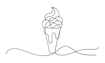 : Ice cream in waffle cone one line continuous drawing art on white background