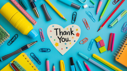 A collection of school supplies - rulers, pencils, markers, and erasers - arranged in a heart shape around a note saying "Thank You." Teacher's day, Flat lay, top view, with copy s