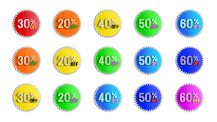 50%, 20%, 30%, 40%, 60% off. 3D colorful sale icons. Sell offer price sign. Special offer symbol. Discount promotion. Discount label format. vector drawing