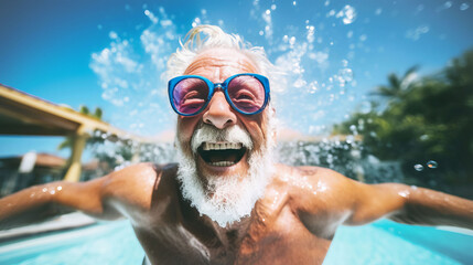 Elderly man with white beard enjoying swim wearing vibrant blue goggles and exuding happiness