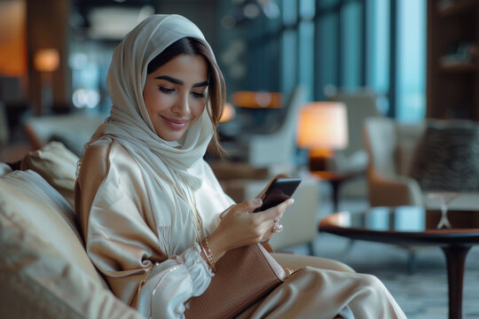 Arab woman sitting and using cell phone in the airport executive lounge