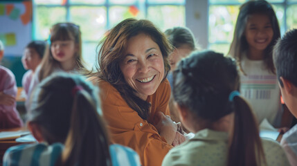 Students surprise their teacher with a group hug from behind as she sits at her desk grading papers. The classroom is filled with natural light, highlighting the surprise and joy o - obrazy, fototapety, plakaty