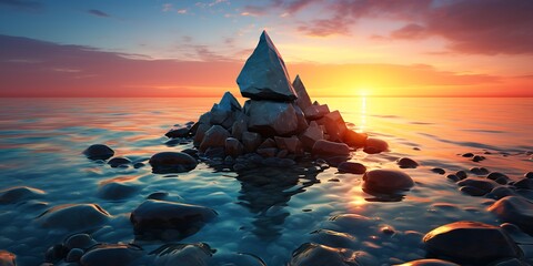 Stacked zen stones on the beach at sunset. Zen concept