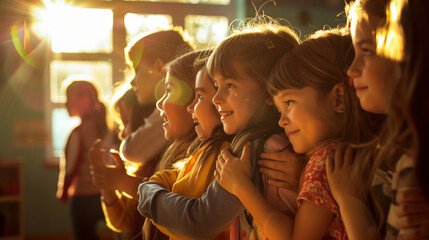 Students line up to give their teacher a hug, showing their appreciation and respect. The morning light shines through the classroom window, casting long, soft shadows and creating