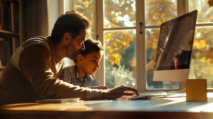 A teacher and student sit side by side at a computer, working on a coding project together. The warm light of the morning sun fills the room, casting soft shadows that underline th - obrazy, fototapety, plakaty