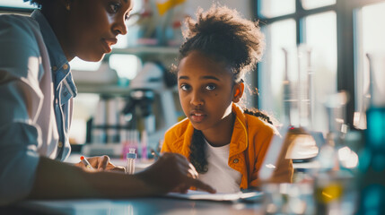 A student presents her science project to her teacher, who listens intently and takes notes. The room is bathed in natural light, creating a spotlight effect on the student, highli - obrazy, fototapety, plakaty