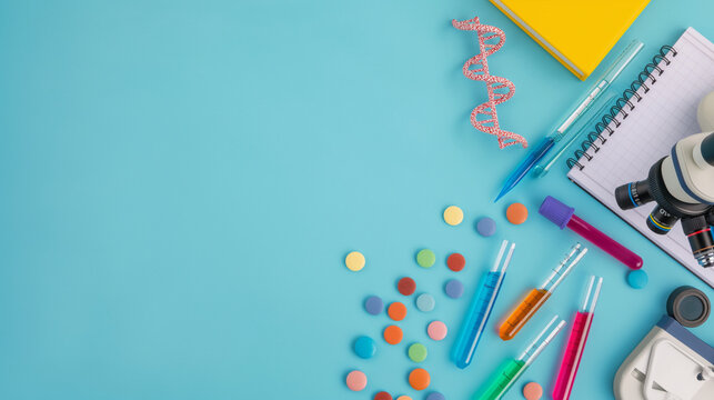 A science teacher's desk with a microscope, test tubes filled with colorful liquids, and a model of the DNA helix. Teacher's day, Flat lay, top view, with copy space
