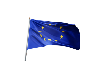 European union flag on transparent background, ue, eu, europe, blue, yellow stars, flagpole, republic, no background, realistic flag waving in the wind, png transparent, alpha