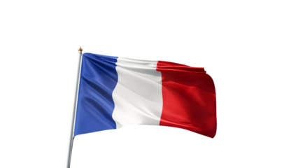French flag on transparent background, france, europe, blue, white, red, flagpole, republic, no background, realistic flag waving in the wind, png transparent
