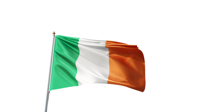 irish flag on a transparent background, waving in the wind, ireland flag on a blue sky, tall flagpole, national symbol of ireland, dublin, transparent png - Powered by Adobe