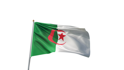 flag of algeria on a transparent background, waving in the wind, symbol of the algerian people, african country, maghreb, green and red crescent moon with star, tall flagpole, transparent png