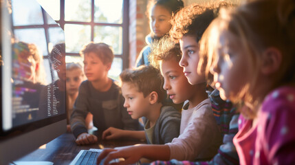 A group of children gathered around a large computer screen, intensely watching as their teacher demonstrates coding principles. Sunlight streams through nearby windows, casting so