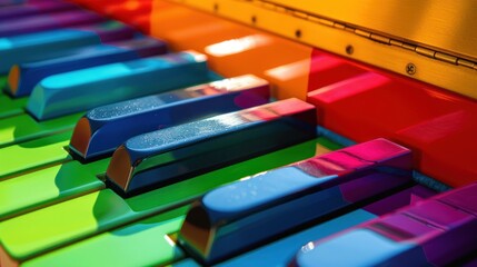 Closeup detail beautiful rainbow colorful piano keys in the dark background. AI generated - obrazy, fototapety, plakaty
