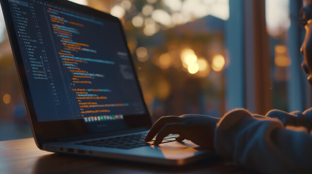 A close-up of small hands typing on a laptop, with blocks of code visible on the screen. The natural light from the window beside the desk illuminates the keyboard and the child's