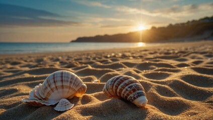 Beach landscape displaying multiple seashells scattered on the sand - obrazy, fototapety, plakaty