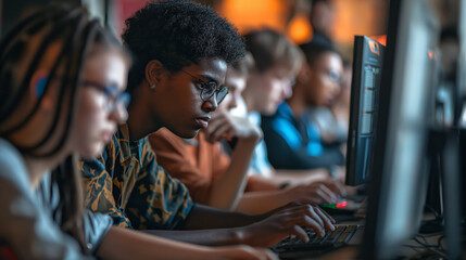 Teenage students participate in a programming competition, huddled around computers and strategizing. The competitive spirit is enhanced by the natural light streaming in, creating