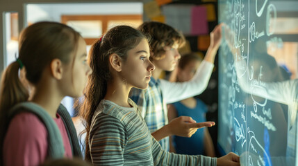 A group of teenagers engage in a coding boot camp, with one explaining a complex problem on a digital whiteboard. The room is bathed in soft, natural light, which casts gentle shad