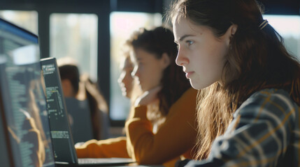 Teenage students learning web development, coding together on a shared project. The classroom is filled with natural light, softening the environment and highlighting the unity and