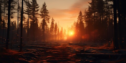 Beautiful winter landscape with frozen river and pine forest at sunrise.