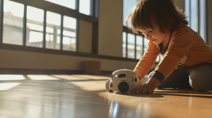 A child testing a newly built robot on the classroom floor, watching intently as it moves. The ambient light from large windows creates a bright, inviting space, with soft shadows