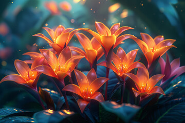 A cluster of exotic bird-of-paradise blooms in a tropical garden, their flamboyant petals resembling the vibrant plumage of exotic birds. Concept of tropical splendor and botanical. Generative Ai.