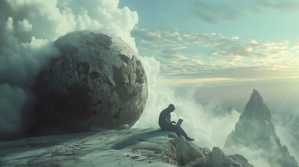 Man Sitting on Mountain Next to Giant Rock - obrazy, fototapety, plakaty