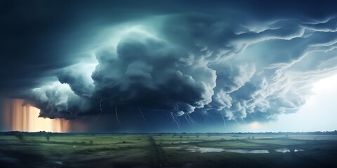 thunderstorm over a green field in the evening. 3d rendering