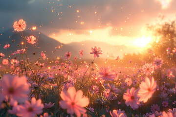 A profusion of delicate cosmos blooms in a sun-drenched meadow, their dainty petals fluttering in the breeze like celestial dancers. Concept of celestial beauty and natural grace. Generative Ai.