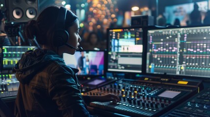 Woman Recording With Headphones