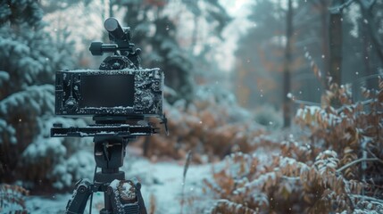Camera on Tripod Amidst Snow - obrazy, fototapety, plakaty